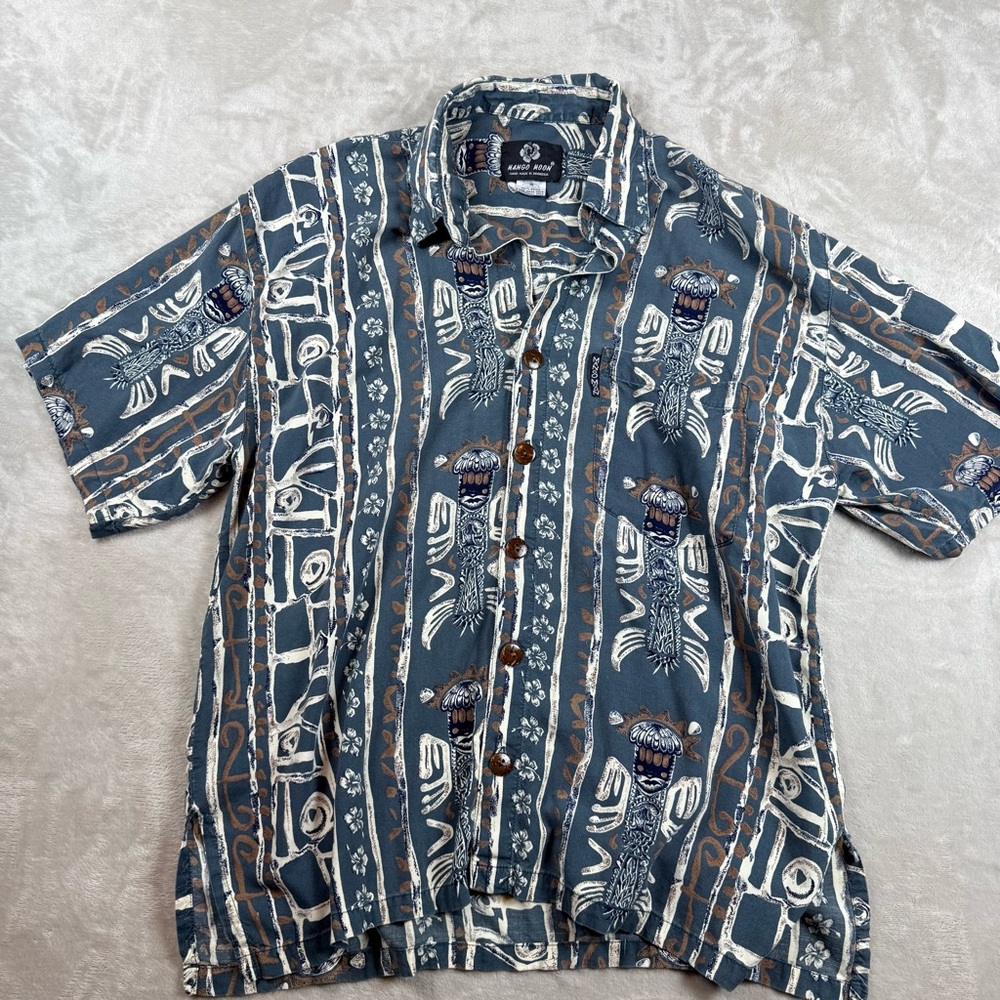 Mango Moon Hawaiian Shirt Mens Small Blue Tribal Print Rayon Button Up Vintage